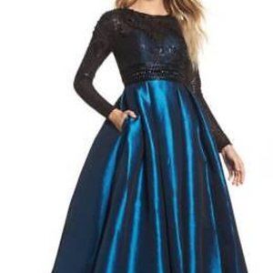 MAC DUGGAL 62883D EMBELLISHED SEQUIN & TAFFETA BLACK / TEAL BALL-GOWN sz 2